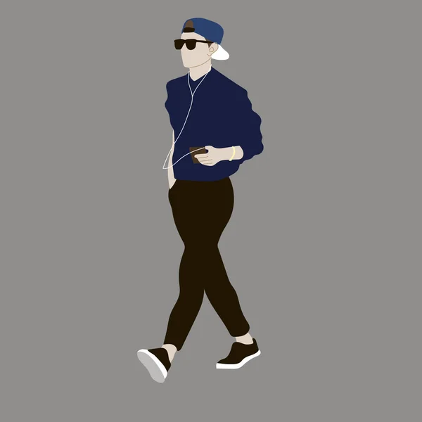 Vector illustration of Kpop street fashion. Street idols of Koreans. Kpop men\'s fashion idol. A guy in black jeans and a blue shirt and a cap.