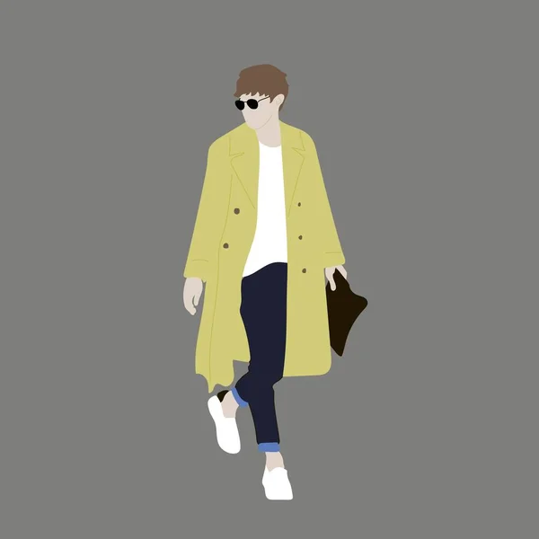 Kpop大街时尚的矢量图解 韩国人的街头偶像男偶像Kpop的时装 一个穿蓝色牛仔裤 芥末雨衣 白色运动鞋的家伙 — 图库矢量图片