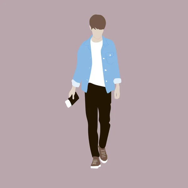 Kpop大街时尚的矢量图解 韩国人的街头偶像男偶像Kpop的时装 一个穿黑色牛仔裤 蓝色斜纹棉布夹克和白色T恤的家伙 — 图库矢量图片