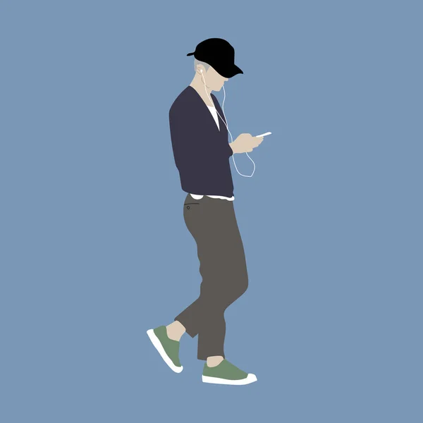 Vector illustration of Kpop street fashion. Street idols of Koreans. Fashion for male idols Kpop. A guy in a blue cardigan and gray trousers and holding a phone with headphones in his hands.