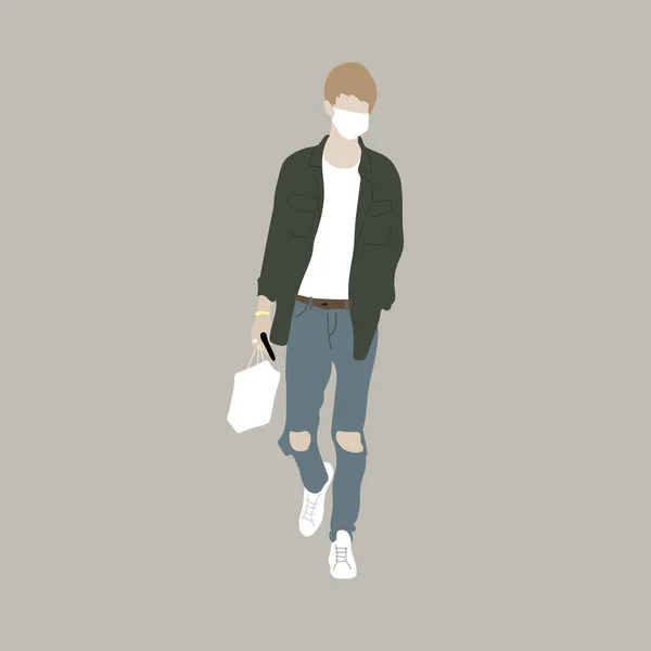 Kpop大街时尚的矢量图解 韩国人的街头偶像Kpop男装的偶像一个穿牛仔裤 绿色衬衫 戴着面具的人 — 图库矢量图片