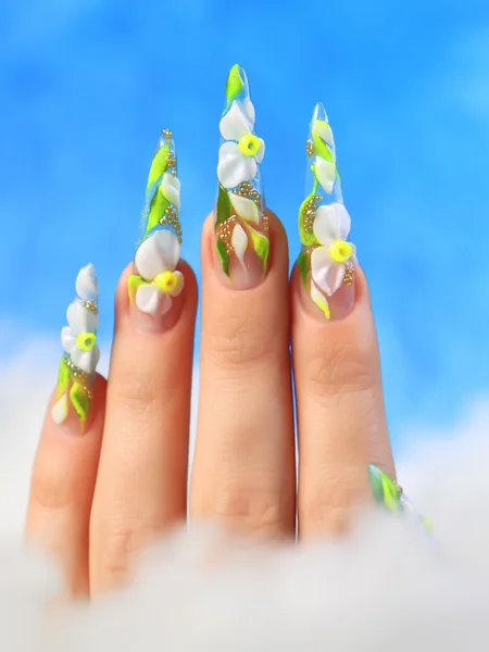 Acrylic flowers on women's nails. — Stock Photo, Image