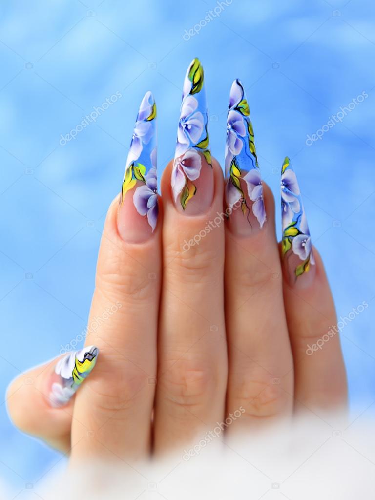 Blue French Beveled Edge Flower Design Stiletto Turquoise Fake Nails With  3D Rhinestones And Long Almond Hair From Dadabibi, $5.76 | DHgate.Com