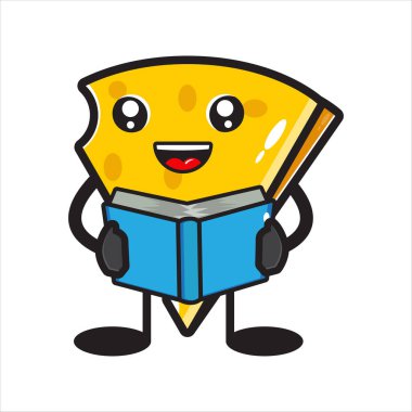 Elinde kitap tasarımı olan sevimli peynir maskotu...