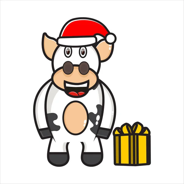 かわいい牛のマスコットイラストクリスマスの日 — ストックベクタ