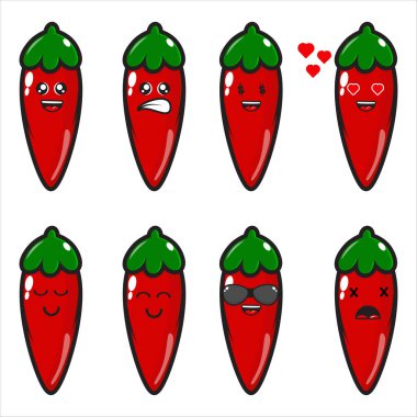 Şirin kırmızı biber maskotu koleksiyon vektörü beyaz arkaplanda 10 birim