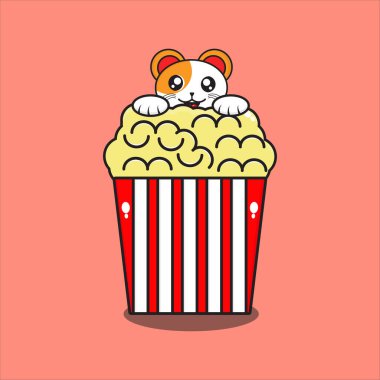 Kedili şirin patlamış mısır maskotu, vektör dizaynlı şirin patlamış mısır karakteri...