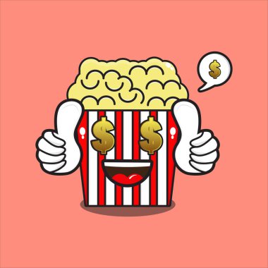 Dolar gözlü şirin patlamış mısır maskotu, vektör dizaynlı şirin patlamış mısır karakteri 10 puan.