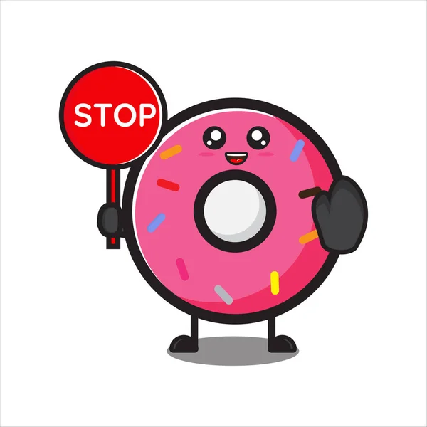 Cute Donut Mascot Stop Sign Cute Donut Character White Background — Stock Vector