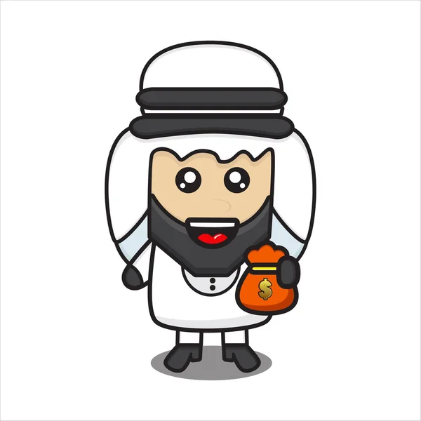 Cute Arab Male Mascot Carrying Money Bag Arab Man Character — Stock Vector