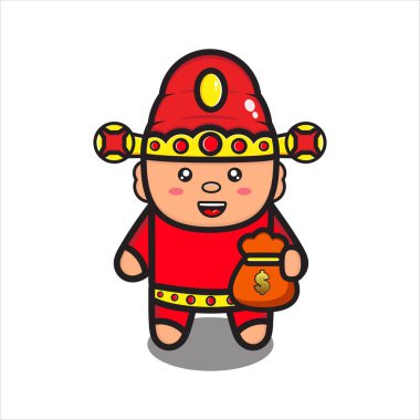 Refah tanrısının maskot çizimi para dolu çantasıyla sevimli, Çin 'in refah tanrısı karakteri beyaz arka planda 10 kişi.