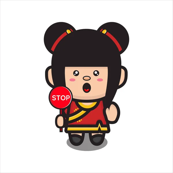 Linda Chica China Traje Tradicional Con Señal Stop Mascota Carácter — Vector de stock