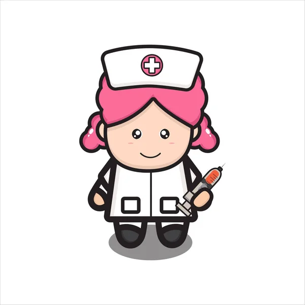 可愛い看護師マスコット保持注射器可愛い看護師キャラクターベクトル — ストックベクタ