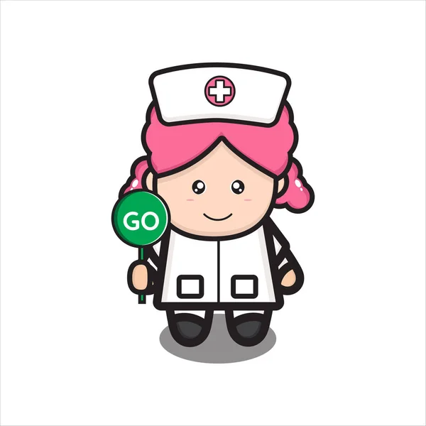 かわいい看護師マスコットとゴーサインかわいい看護師のキャラクターベクトル — ストックベクタ
