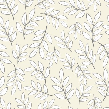Süslü yapraklar ve dallardan oluşan desenli dekoratif süslemesiz çiçek deseni. Ekran yazdırma ve tekstil endüstrisi için uygun modern zarif yinelenen yeşillik arka planı