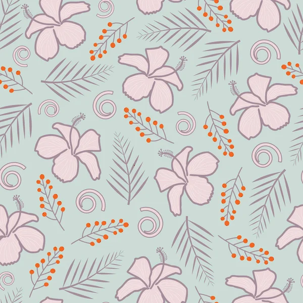 Elegante Trendige Hibiskusblüten Und Palmblätter Als Vektor Für Nahtloses Muster — Stockvektor