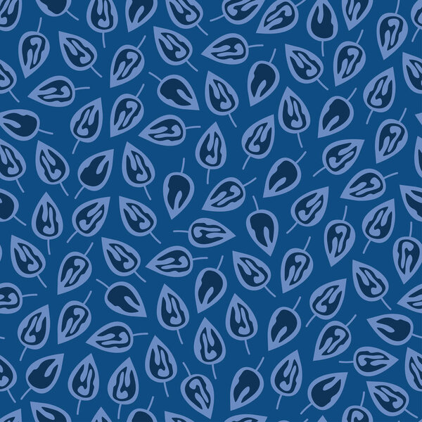 Модные художественные векторные листья бесшовные ditsy дизайн шаблона листьев. Элегантная листовая текстура из ярких листьев на классическом синем фоне