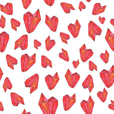 Suluboya kusursuz desen. Beyaz arka planda kırmızı kristaller. Tasarım, kumaş ve yaratıcı kullanım için değerli doğal taşlar.