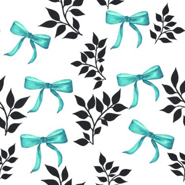 Mavi fiyonklu ve siyah dallı kusursuz suluboya desenli yapraklar. Duvar kağıdı, davetiye, kartpostal, kumaş, ambalaj için elverişli.