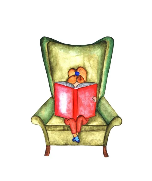 Jeune Fille Est Assise Sur Canapé Vert Lire Livre Illustration — Photo