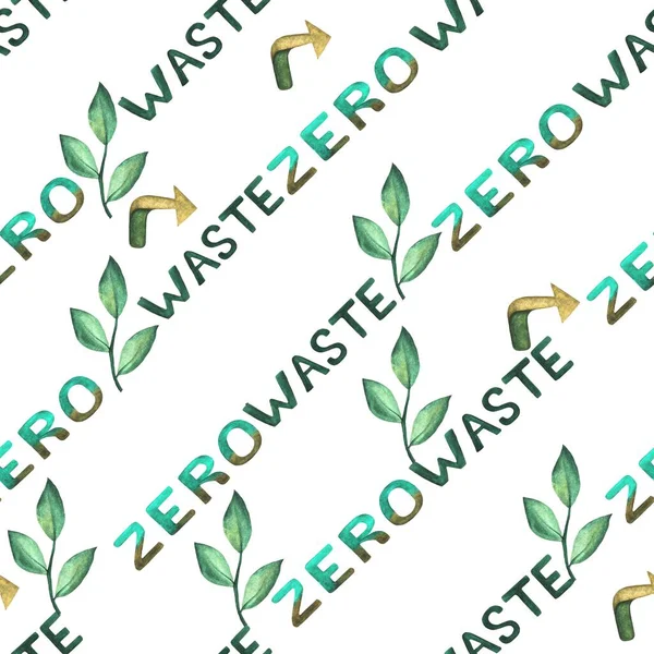 seamless watercolor pattern with the word Zero waste with green leaf branches, arrow. Waste-free lifestyle, eco-friendly lifestyle. The concept of ecological design.