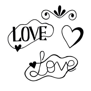 Aşk sözcüğünün farklı damlaları beyaz bir arkaplanda, karalama tarzında. Mürekkep fırçasıyla elle çizilmiş. Vektör illüstrasyonu.