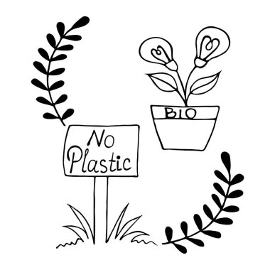 Plastik yok. Bir simge kümesinin vektör illüstrasyonu. El yazısı karalama sıfır israftır. Ekostyle. Yeşile geç. Geri dönüşüm, yeniden kullanım.
