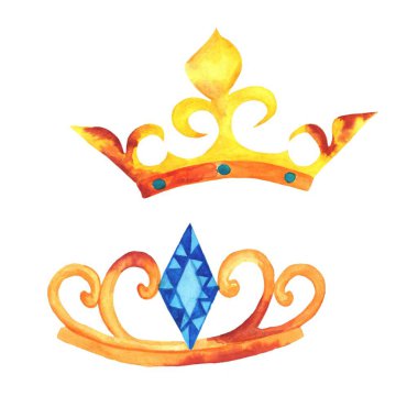 Pas kaplı iki altın kral tacı. Monarşi tacının suluboya çizimi mavi süsler ve girdaplarla.