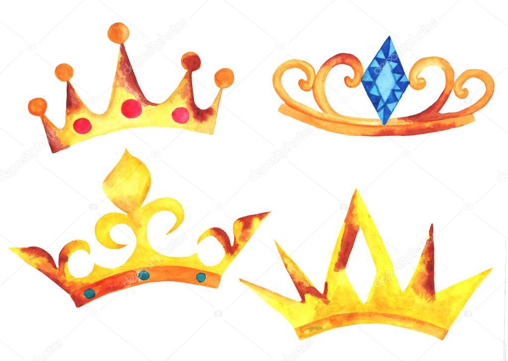 Set of gold crown with rust. A watercolor drawing of the crown of the monarchy with blue jewelry and swirls.