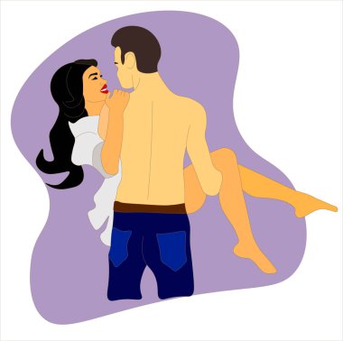 Adam arkası dönük duruyor ve elinde mor bir arka planda esmer bir kadın var. Kollarında bir kız taşıyan bir adam, aşkı düşünür. Birbirine aşık genç bir çift. Vektör.