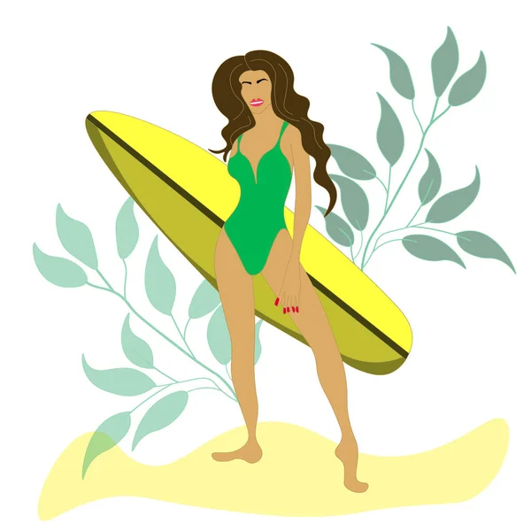 Beautiful Sexy Brunette Surfboard Vector Girl Poses Background Leaves Summer — Stock Vector
