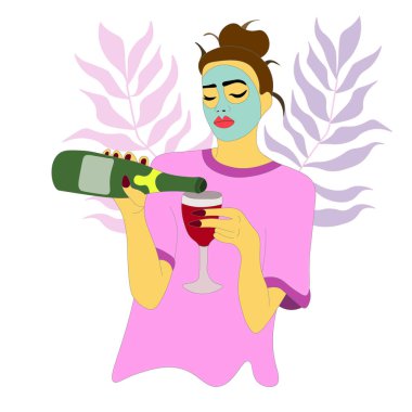 Tişört ve kozmetik maske giyen esmer bir kadın bardağa şampanya döker. Bir kadın alkollü bir içecek hazırlar. O, akşamı evde geçirir. Bir ev partisi. Cuma günü. Vektör