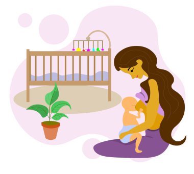 Kadın yeni doğmuş bebeğini emziriyor. Doğum, emzirme, annelik. Dünya Emzirme Haftası. Anneler Günü. Çocuk annenin göğsünden süt içer..