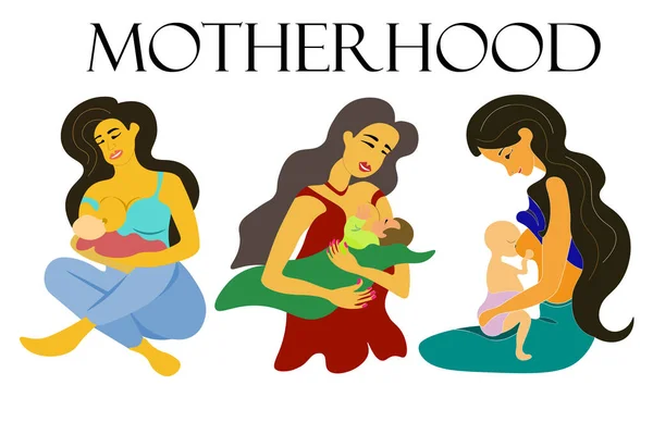 母親のセット 幼い母親は子供を手に母乳育児をする 母乳育児のベクターイラストです 自然食の概念 — ストックベクタ