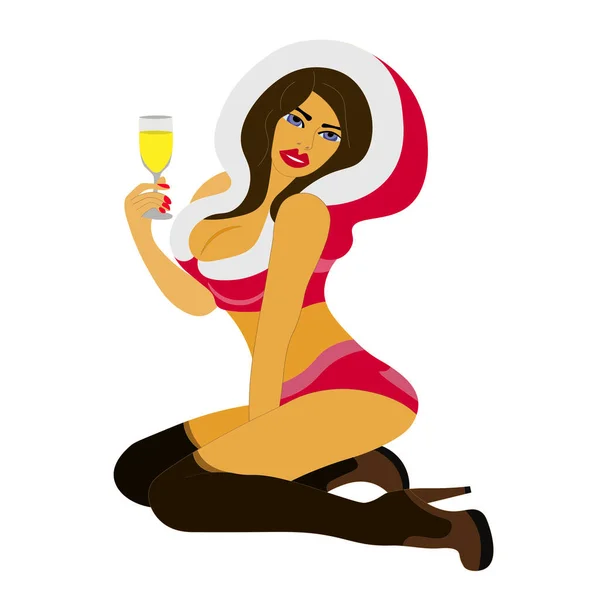 Girl Sexy Red Christmas Costume Sitting Floor Glass Wine Her — Stock Vector