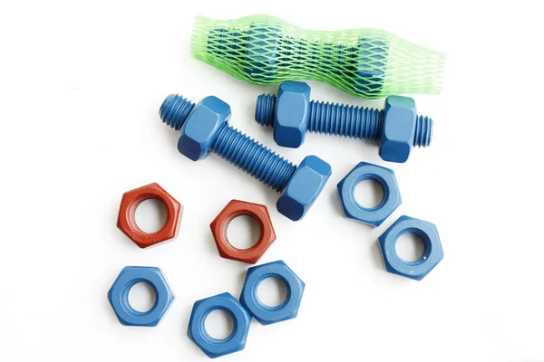 Cıvata ve somun mavi Ptfe kaplı içinde ve kırmızı kaplı izole üzerinde beyaz arka plan mix