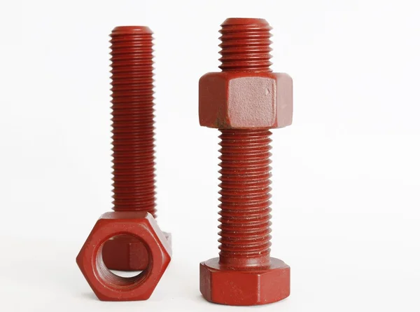 Mix cıvata ve somun mavi ve kırmızı Ptfe kaplamalı ve boyalı kırmızı beyaz arka plan üzerinde izole