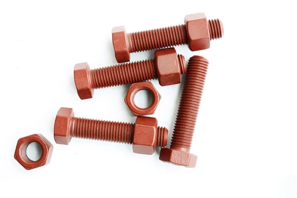 Mix cıvata ve somun mavi ve kırmızı Ptfe kaplamalı ve boyalı kırmızı beyaz arka plan üzerinde izole