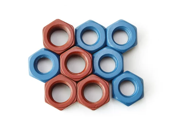 Cıvata ve somun mavi Ptfe kaplı içinde ve kırmızı kaplı izole üzerinde beyaz arka plan mix