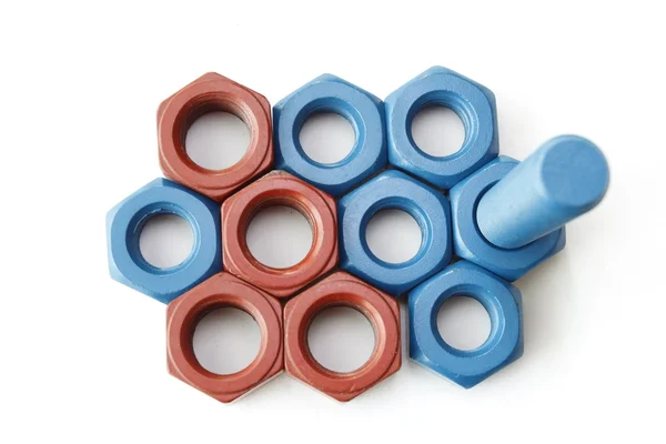 Cıvata ve somun mavi Ptfe kaplı içinde ve kırmızı kaplı izole üzerinde beyaz arka plan mix