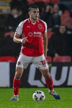 Harrison Holgate of Fleetwood Town  with ball at feet during the The Vertu Trophy match Fleetwood Town vs Leeds United Academy at Highbury Stadium, Fleetwood, United Kingdom, 7th October 2025 