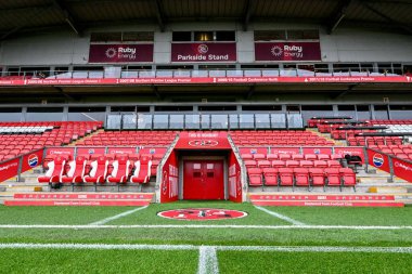 General ground views of the dugouts at Highbury Stadium, home ground for Fleetwood Town, prior to the The Vertu Trophy match Fleetwood Town vs Leeds United Academy at Highbury Stadium, Fleetwood, United Kingdom, 7th October 2025 