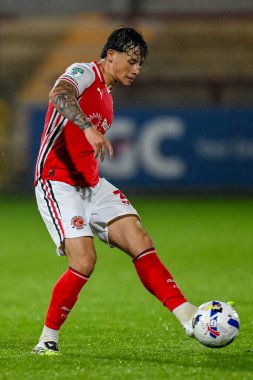 Kayden Hughes of Fleetwood Town  passes the ball during the The Vertu Trophy match Fleetwood Town vs Leeds United Academy at Highbury Stadium, Fleetwood, United Kingdom, 7th October 2025 