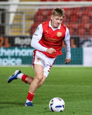 Kane Richardson of Rotherham United breaks with the ball during the The Vertu Trophy Northern Group E match Rotherham United vs Oldham Athletic at New York Stadium, Rotherham, United Kingdom, 7th October 2025 