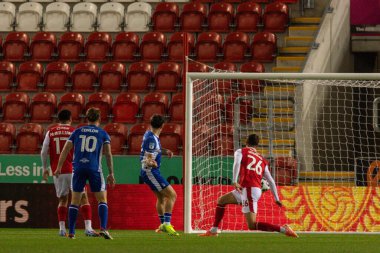 Luke Hannant of Oldham Athletic scores to make it 1-0 during the The Vertu Trophy Northern Group E match Rotherham United vs Oldham Athletic at New York Stadium, Rotherham, United Kingdom, 7th October 2025 