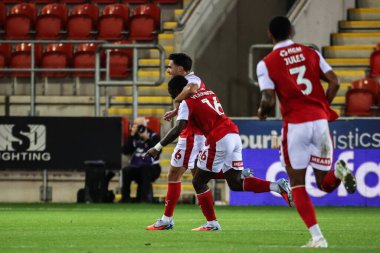 Reece James of Rotherham United celebrates his goal to make it 3-2 during the The Vertu Trophy Northern Group E match Rotherham United vs Oldham Athletic at New York Stadium, Rotherham, United Kingdom, 7th October 2025 
