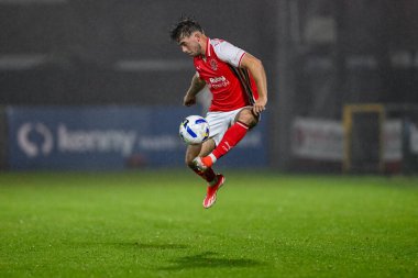 Liam Roberts of Fleetwood Town  controls the ball in the air during the The Vertu Trophy match Fleetwood Town vs Leeds United Academy at Highbury Stadium, Fleetwood, United Kingdom, 7th October 2025 