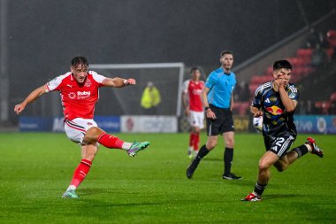'f14/ takes a strike at the Leeds goal during the The Vertu Trophy match Fleetwood Town vs Leeds United Academy at Highbury Stadium, Fleetwood, United Kingdom, 7th October 2025 