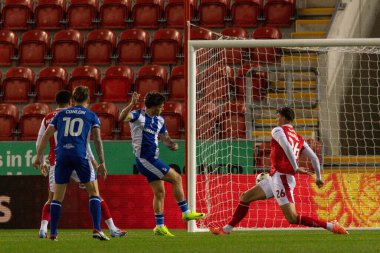 Luke Hannant of Oldham Athletic scores to make it 1-0 during the The Vertu Trophy Northern Group E match Rotherham United vs Oldham Athletic at New York Stadium, Rotherham, United Kingdom, 7th October 2025 