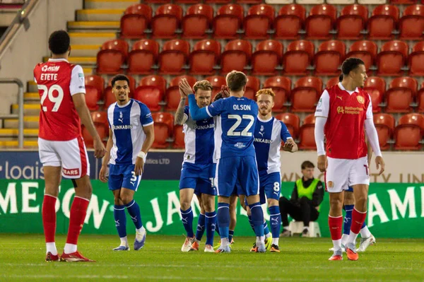 Luke Hannant of Oldham Athletic celebrates his goal to make it 0-1 during the The Vertu Trophy Northern Group E match Rotherham United vs Oldham Athletic at New York Stadium, Rotherham, United Kingdom, 7th October 2025 